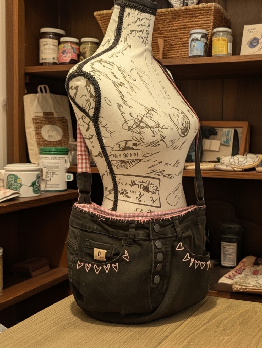Black Crossbody Bag with Pink Heart Embroidery